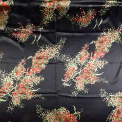 Атлас стрейч чорний з букетами з червоних квітів з зеленим листям ш.120