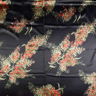 Атлас стрейч чорний з букетами з червоних квітів з зеленим листям ш.120 оптом