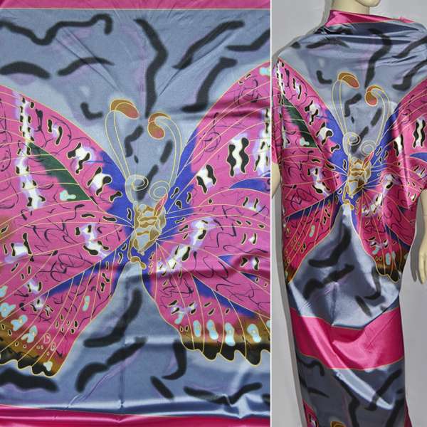 Атлас стрейч розово-серый с бабочками раппорт ш.120 оптом