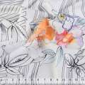 Атлас стрейч белый разноцветные орхидеи 7см, черные линии ш.147 оптом