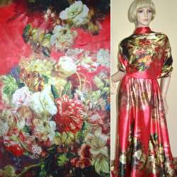 Атлас стрейч красный, двухсторонний купон разноцветные цветы ш.170