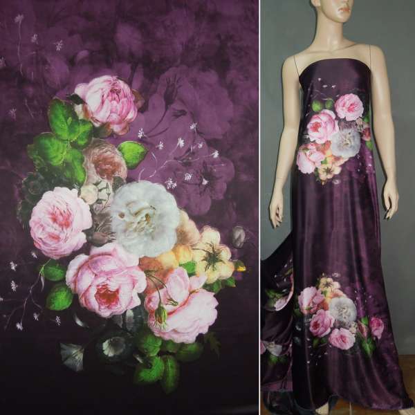 Атлас шелковый фиолетовый с молочно-розовыми букетами цветов ш.150 оптом