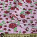 Батист с мережкой розовый в красные розы с зелеными листьями, ш.140 оптом