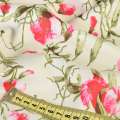 Жаккард стрейч кремовый в бело-розовые цветы, зеленые листья, ш.150 оптом