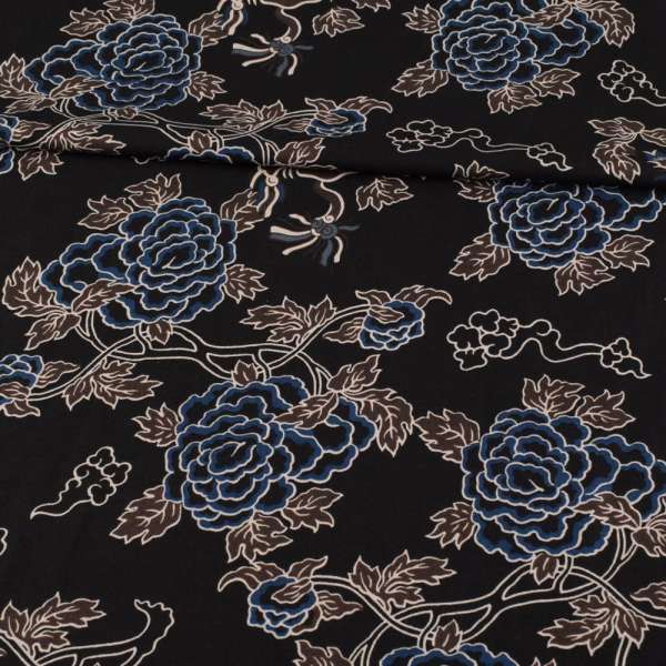 Вискоза черная, коричнево-синие цветы, светлый контур, ш.147 оптом