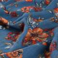 Вискоза жатая сине-серая, оранжевые цветы, ш.140 оптом