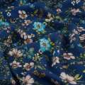 Вискоза жатая синяя, бирюзовые, бежевые цветы, ш.131 оптом