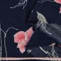 Вискоза жатая синяя темная, крупные розовые цветы, ш.150 оптом