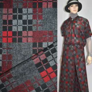 Тканина костюмная сіра в чорно-червоні квадрати ш.150 оптом