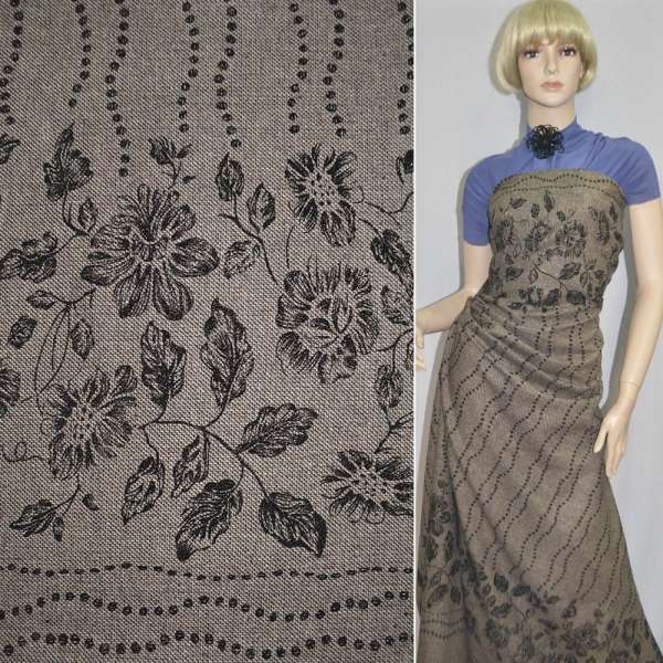 Твид коричнево-бежевый зигзаг штамп черный купон с золотыми блестками ш.150 оптом