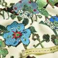 Жаккард соты принт коричневые ключи и зеленые цветы на кремовом фоне, ш.150 оптом