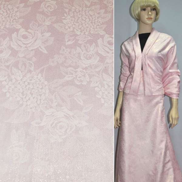 Жаккард костюмный розовый с цветным люрексом в розы и хризантемы, ш.150 оптом