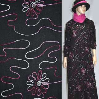 Шерсть костюмная черная с розовой вышивкой ш.150 оптом