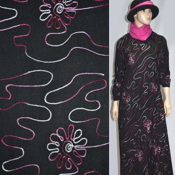 Шерсть костюмна чорна з рожевою вишивкою ш.150 оптом