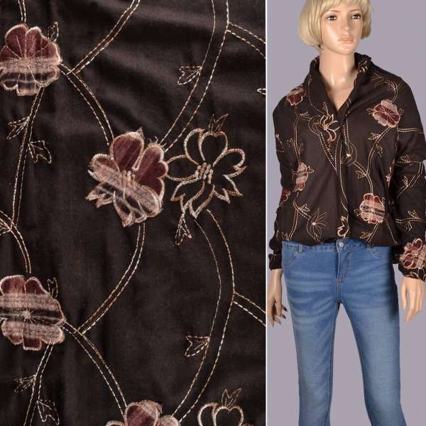 Ткань костюмная коричневая с вышивкой и настроченными цветами, ш.150 оптом