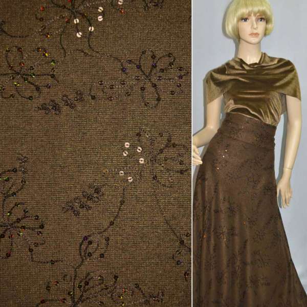 Ткань костюмная коричневая с золотым напылением, вышивкой и пайетками, ш.150 оптом