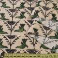 Коттон с ворсом молочный, зеленые птицы, черные ветки, ш.150 оптом