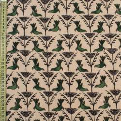 Котон з ворсом молочний, зелені птиці, чорні гілки, ш.150