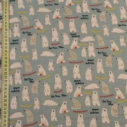 Коттон с ворсом бирюзово-серый, белые медведи, ш.150