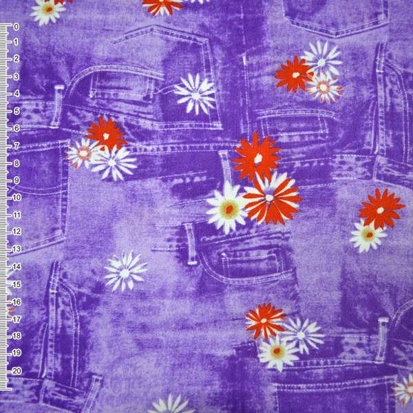 Коттон стрейч фиолетовый с ромашками и джинсовыми карманами, ш.150 оптом