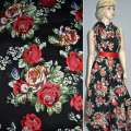 Котон стрейч чорний з червоно-жовтими трояндами ш.145 оптом
