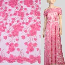 Мереживо на сітці малинове з нашитими квітами, паєтками та перлинами, ш.125