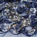 Кружево на сетке синее в цветы из метанити, ветки, 1ст.купон ш.140 оптом