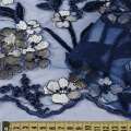 Кружево на сетке синее в цветы из метанити, ветки, 1ст.купон ш.140 оптом