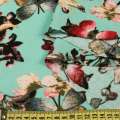 Лен бирюзовый в розовые цветы, бабочки, ш.145 оптом
