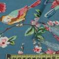 Лен синий с птицами и цветущими ветками, ш.145 оптом