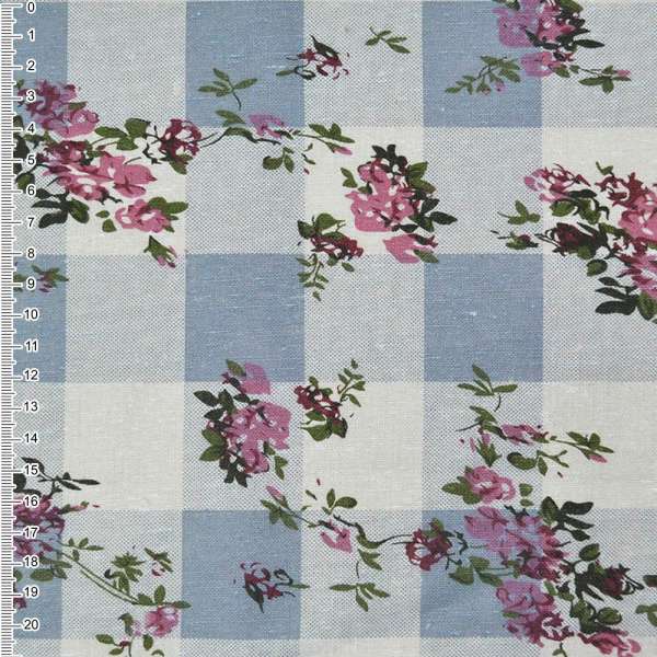 Лен белый в серо-голубые квадраты с цветами ш.140 оптом