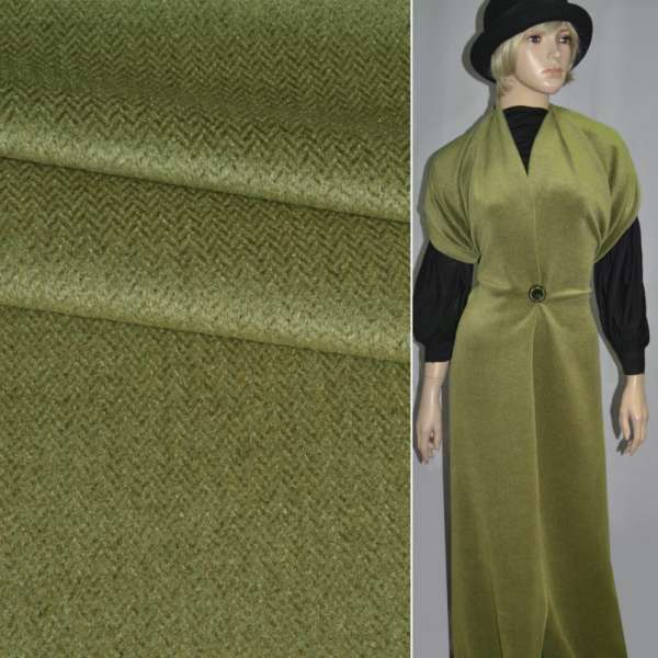 Пальтова тканина з ворсом меланж ялинка на чорному тлі зелена ш.150 оптом