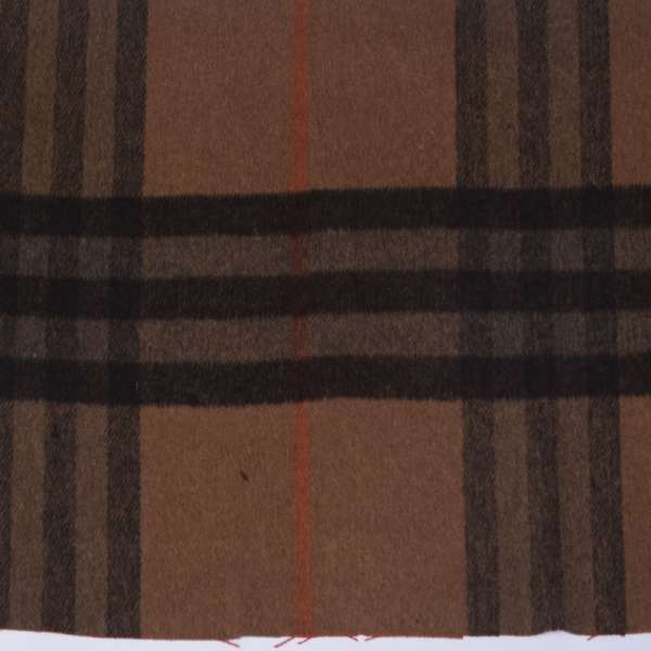 Шерсть пальтовая с ворсом коричневая в черную, оранжевую клетку, ш.150 оптом