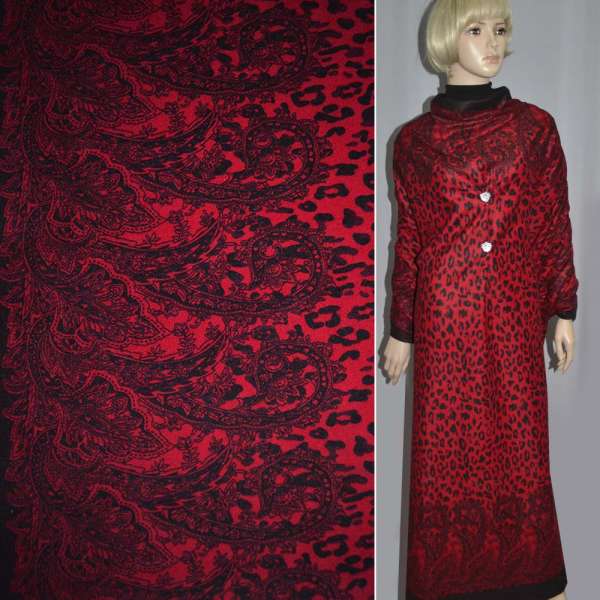 Пальтова тканина на трикотажній основі 2-х-стор. купон леопард, пейсли чорний на червоному тлі, ш.150 оптом