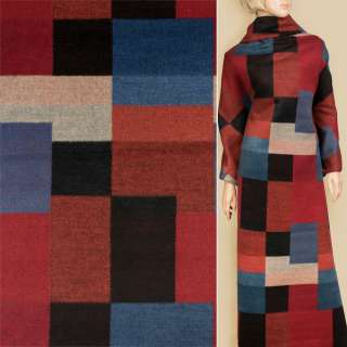Пальтова тканина з ворсом візерунок геометричний синій, червоний, чорний, помаранчевий, ш.155 оптом