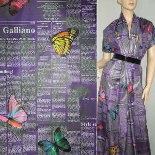 Ткань плащевая тонкая фиолетовая "газета" с бабочками ш.150 оптом