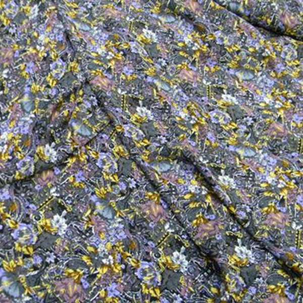 Поплін Діллон сірий в фіолетово-жовті квіти і абстрактний малюнок. ш.150 оптом