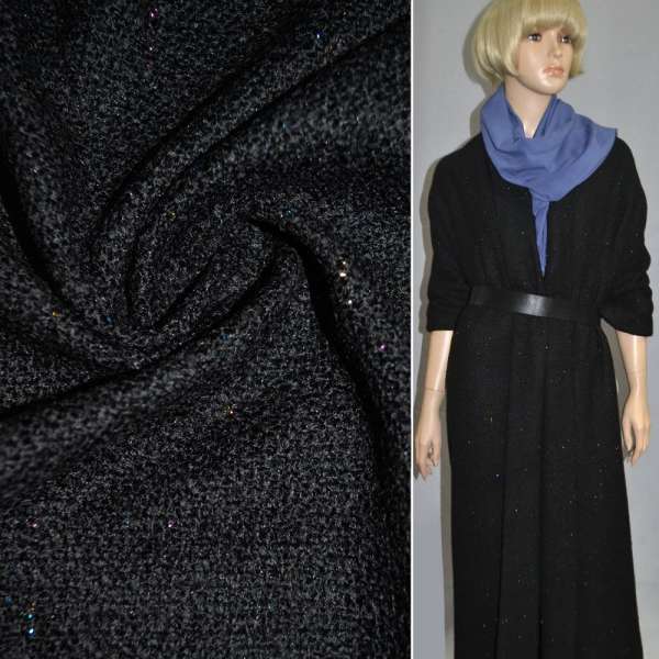 Рогожка букле пальтово-костюмна з шерстю, метанитка різнобарвна, чорна, ш.150 оптом