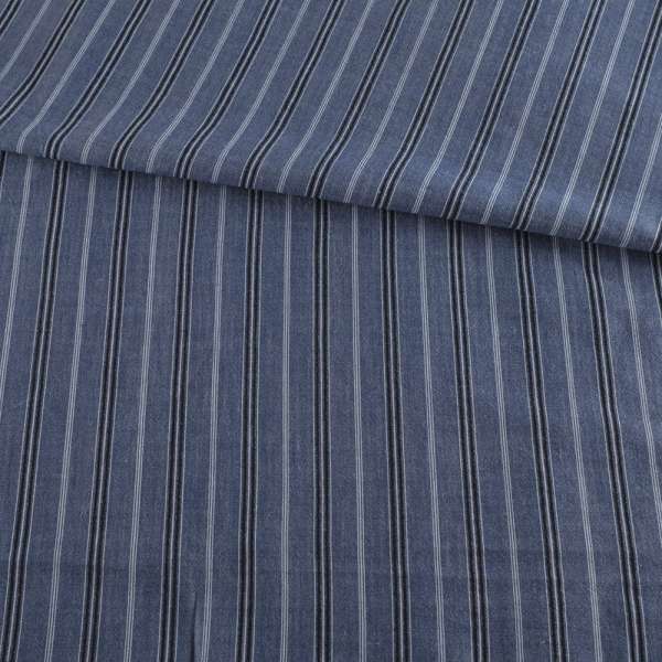 Рубашечная ткань* в полоску черно-голубую, синяя, ш.145 оптом