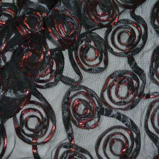 Сітка стрейч чорна з червоними квітами, ш.140 оптом