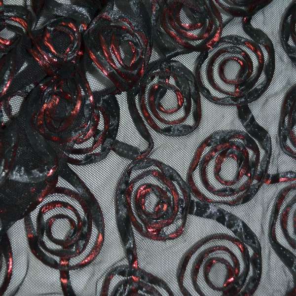 Сетка стрейч черная с красными цветами, ш.140 оптом