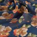 Креп-шифон синий в оранжево-бежевые цветы ш.148 оптом