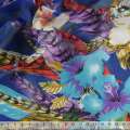 Креп-шифон синий в цветы и перья (купон) ш.150 оптом