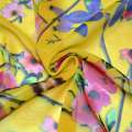 Креп-шифон желтый с розово-малиновыми цветами и бабочками ш.148 оптом