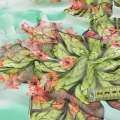 Шифон бело-зеленый, зеленые листья, красные мелкие цветы, ш.147 оптом