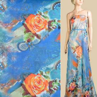 Шифон синій, помаранчеві троянди, абстрактний малюнок, 2ст. купон, ш.145 оптом