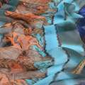 Шифон синий, полосы с бежево-оранжевым орнаментом, 1ст.купон, ш.150 оптом