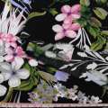 Віскоза чорна, рожеві, сірі квіти, оливкове листя, ш.145 оптом