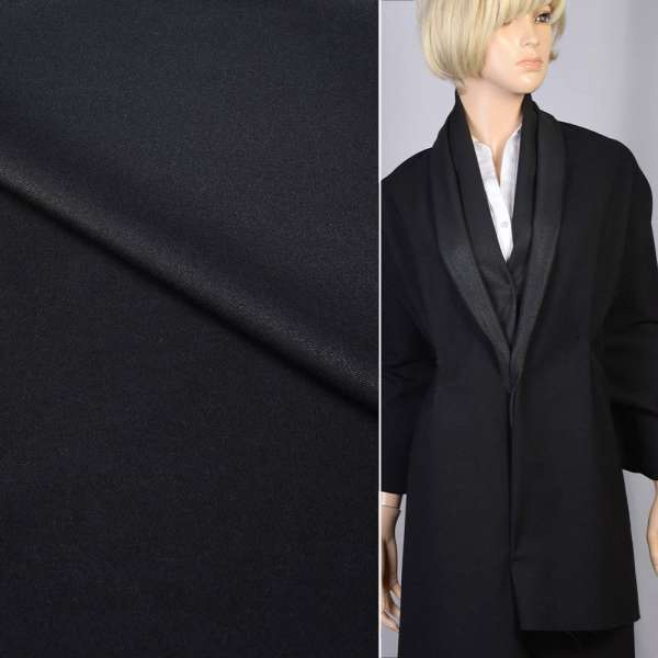 Шерсть костюмная стрейч с вискозой черная (2 сторона - блестящая), ш.143 оптом