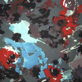 Коттон стрейч серый с красно-голубыми цветами ш.140 оптом